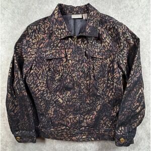 Chicos Womens Size 2 Large Denim Jacket Black Bronze Gold Animal Foil Print Zip